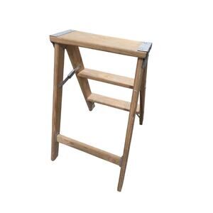 Vintage Wooden Step Ladder Folding Household Utility Ladder Safety Label